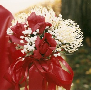 RED ROSES AND NEEDLE PROTEA  CORSAGE  